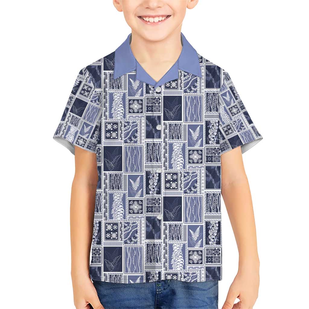 Vintage Aloha Block Quilt Hawaiian Shirt Blue Inspired Lei Motifs - Polynesian Pride