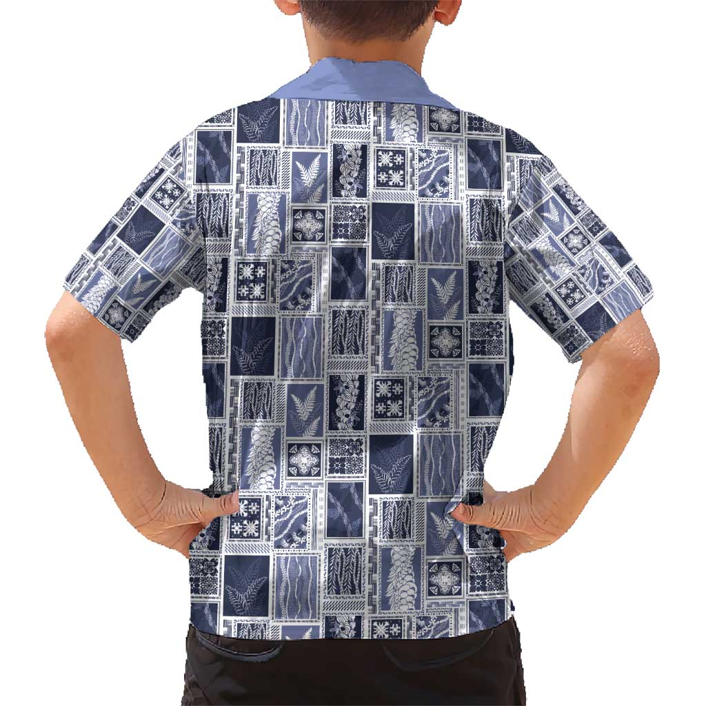 Vintage Aloha Block Quilt Hawaiian Shirt Blue Inspired Lei Motifs - Polynesian Pride