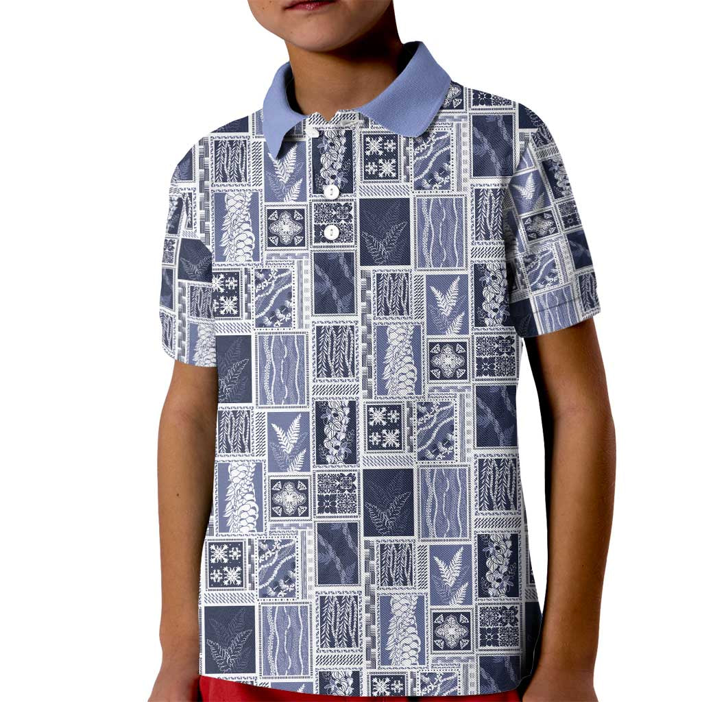 Vintage Aloha Block Quilt Kid Polo Shirt Blue Inspired Lei Motifs - Polynesian Pride