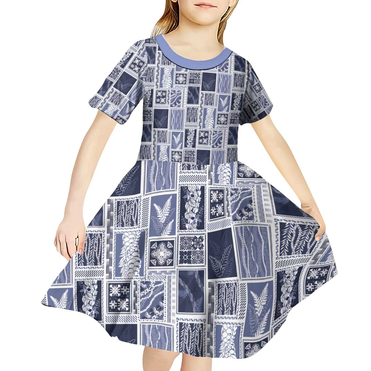 Vintage Aloha Block Quilt Kid Short Sleeve Dress Blue Inspired Lei Motifs - Polynesian Pride