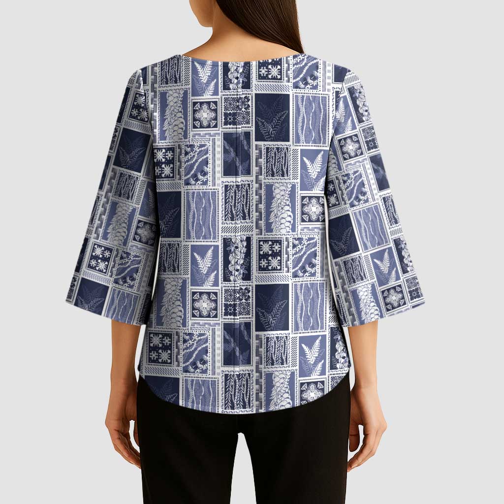 Vintage Aloha Block Quilt Kimono Sleeve Blouse Blue Inspired Lei Motifs - Polynesian Pride