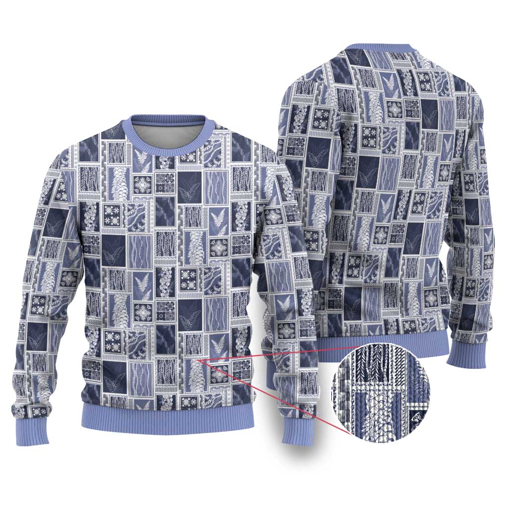 Vintage Aloha Block Quilt Ugly Christmas Sweater Blue Inspired Lei Motifs - Polynesian Pride