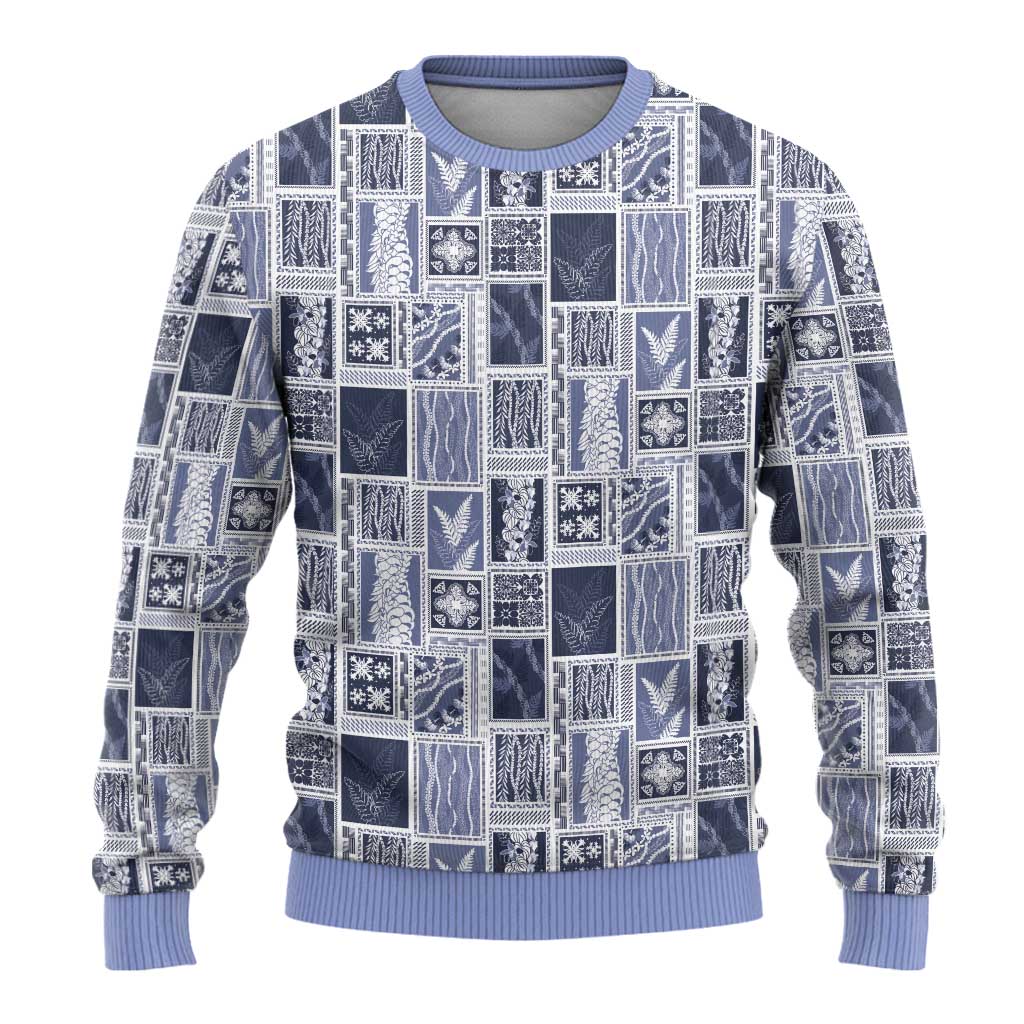 Vintage Aloha Block Quilt Ugly Christmas Sweater Blue Inspired Lei Motifs - Polynesian Pride