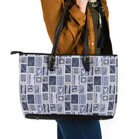 Vintage Aloha Block Quilt Leather Tote Bag Blue Inspired Lei Motifs - Polynesian Pride