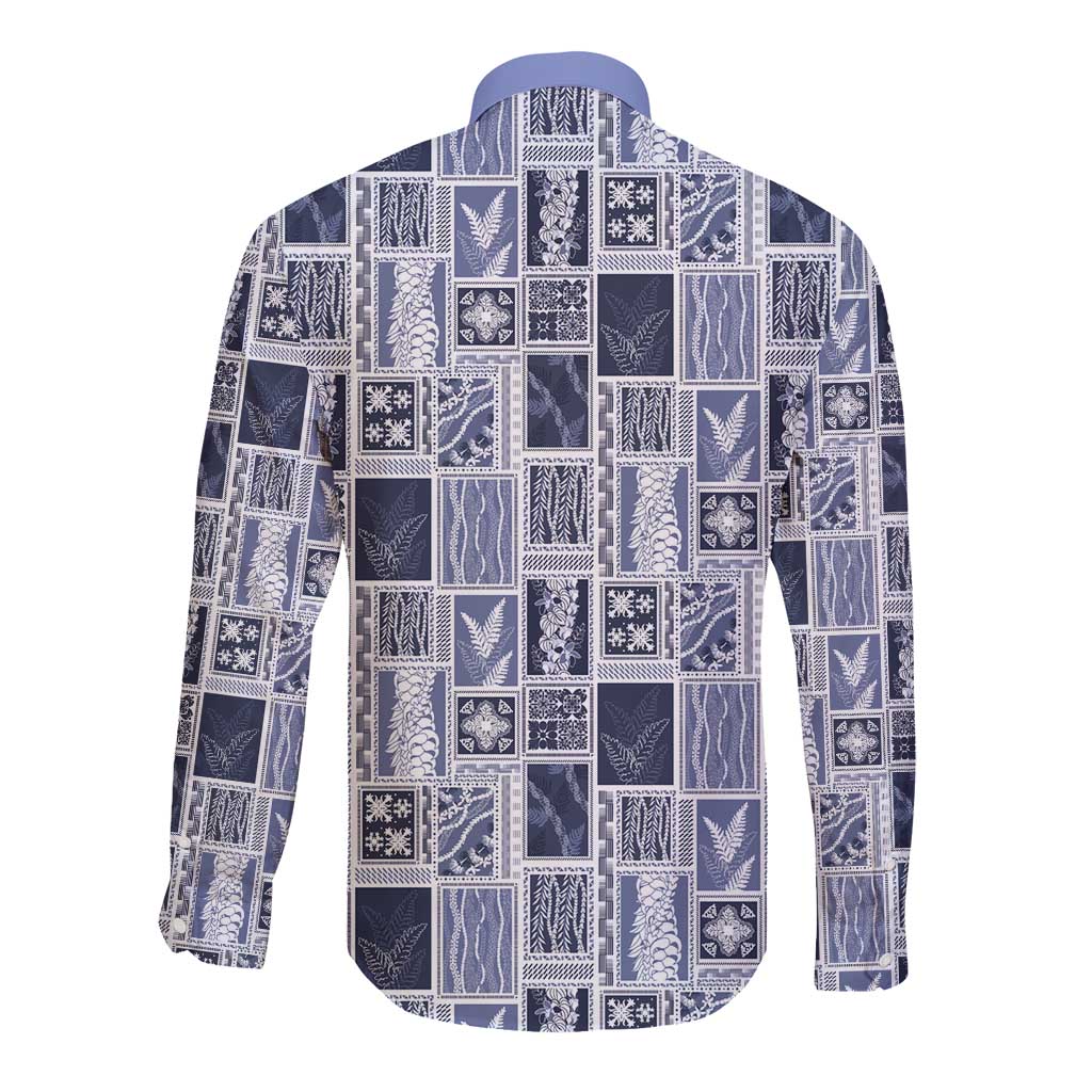 Vintage Aloha Block Quilt Long Sleeve Button Shirt Blue Inspired Lei Motifs - Polynesian Pride