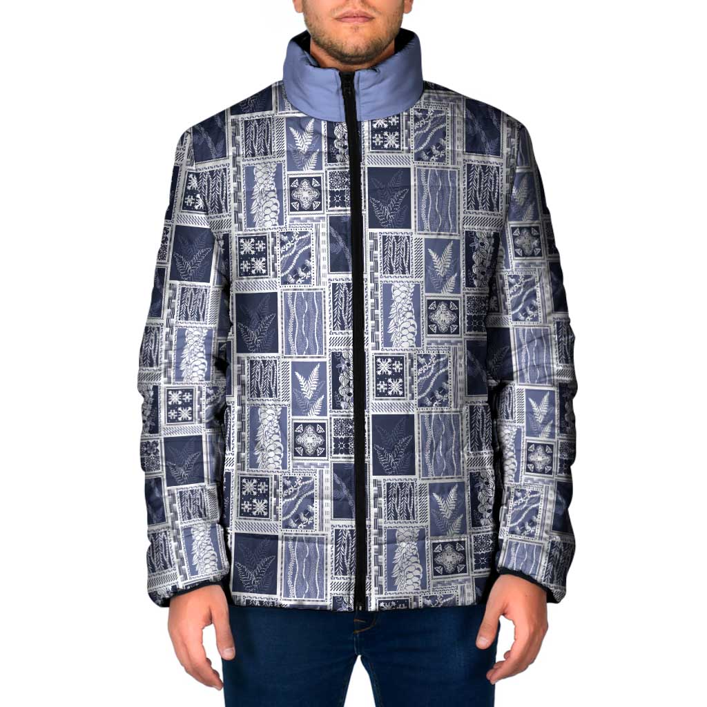 Vintage Aloha Block Quilt Padded Jacket Blue Inspired Lei Motifs - Polynesian Pride