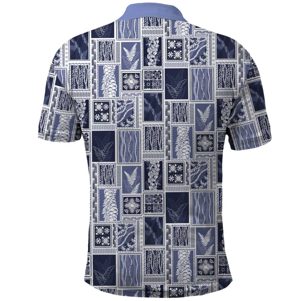 Vintage Aloha Block Quilt Polo Shirt Blue Inspired Lei Motifs - Polynesian Pride