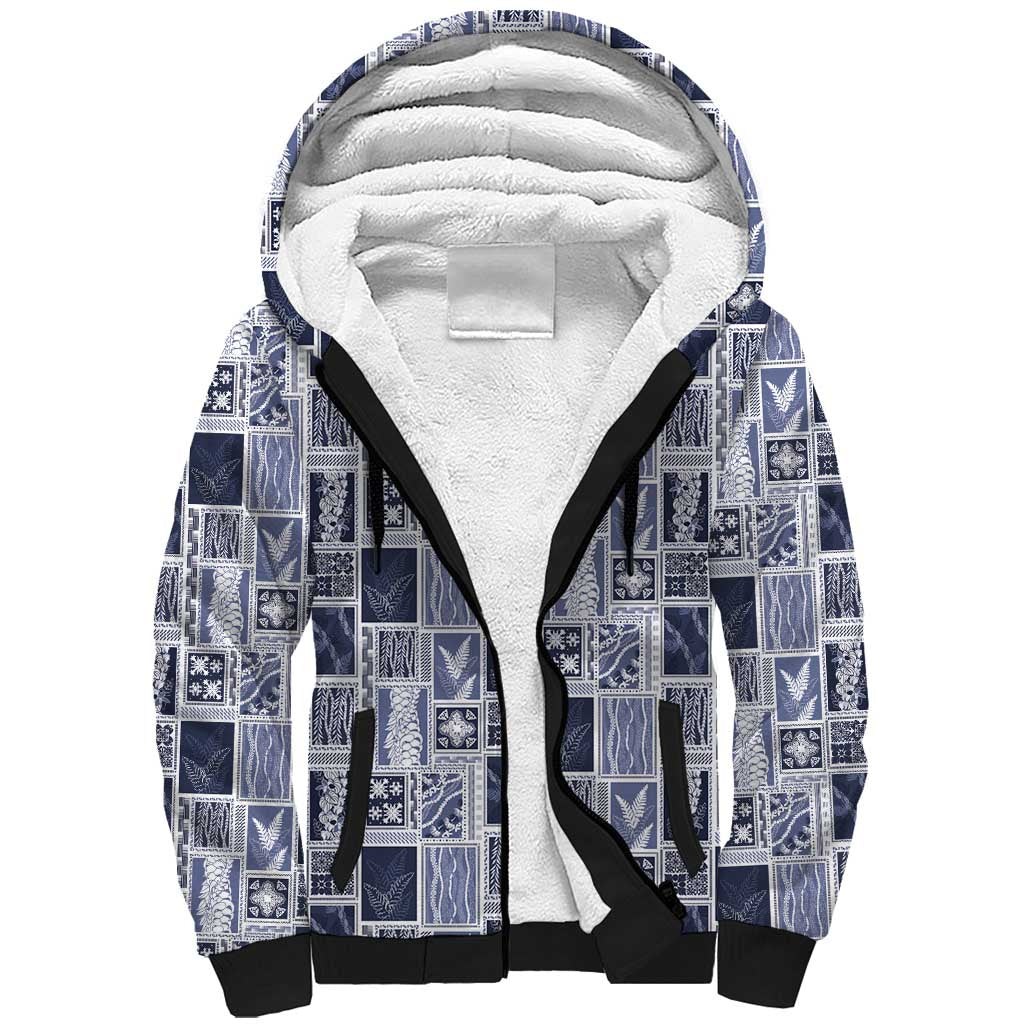 Vintage Aloha Block Quilt Sherpa Hoodie Blue Inspired Lei Motifs - Polynesian Pride