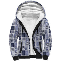 Vintage Aloha Block Quilt Sherpa Hoodie Blue Inspired Lei Motifs - Polynesian Pride