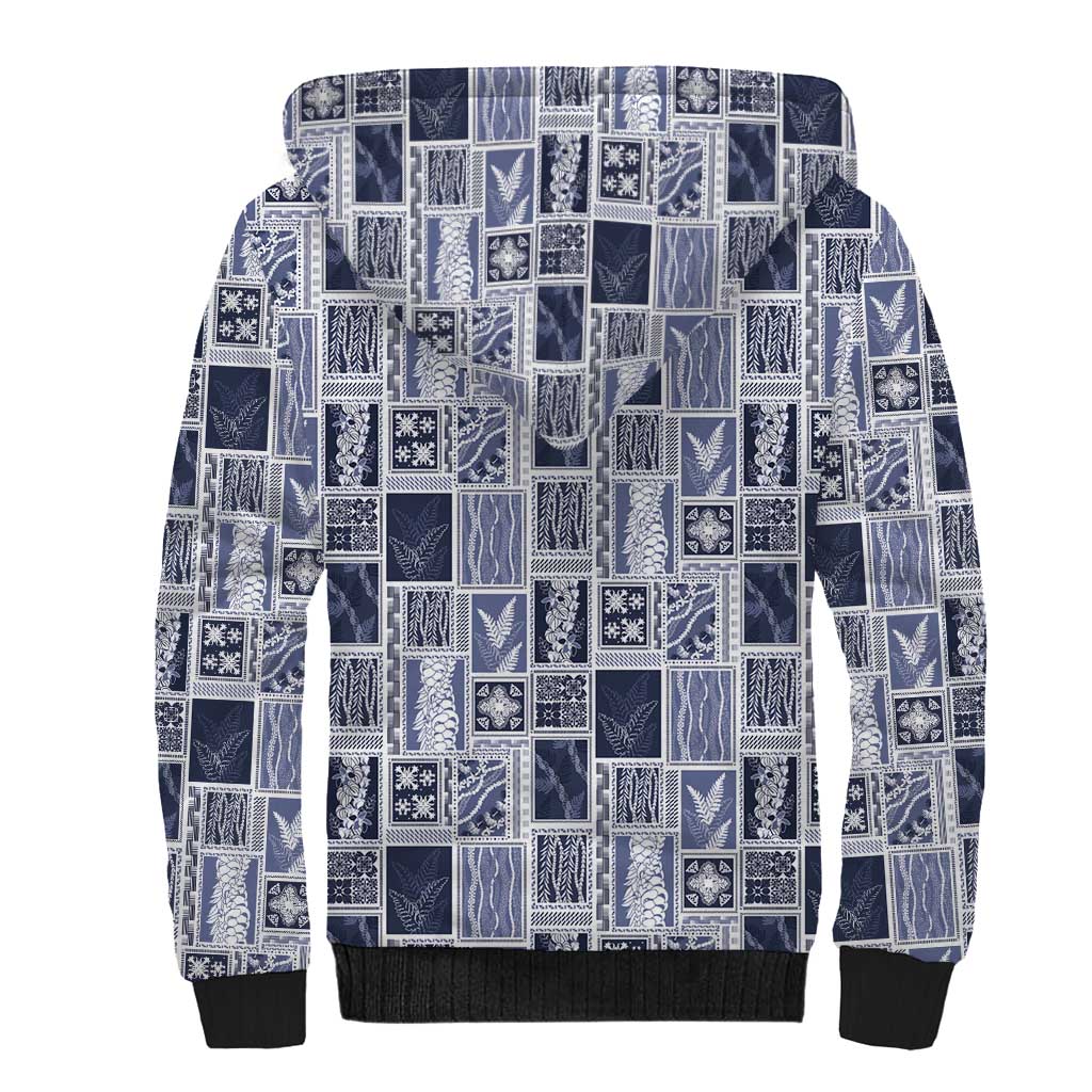 Vintage Aloha Block Quilt Sherpa Hoodie Blue Inspired Lei Motifs - Polynesian Pride