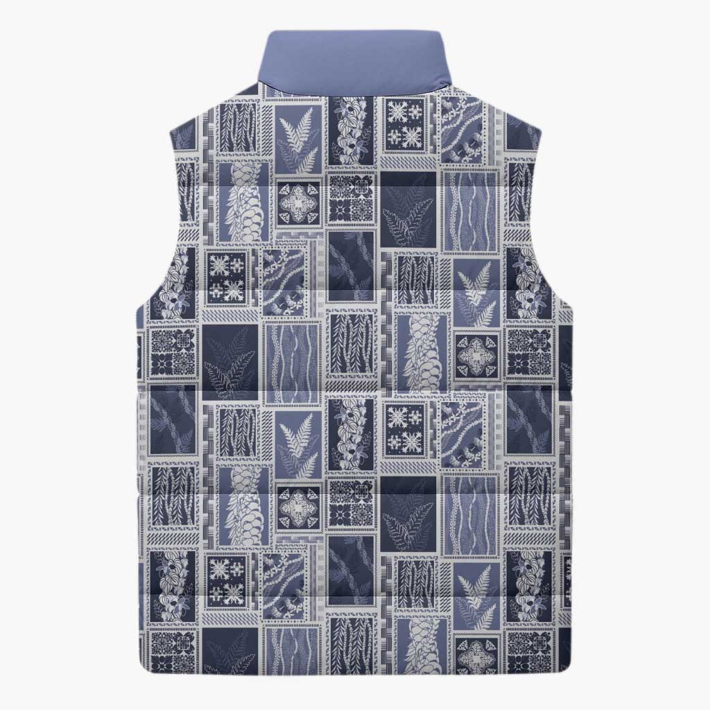 Vintage Aloha Block Quilt Sleeveless Puffer Jacket Blue Inspired Lei Motifs - Polynesian Pride
