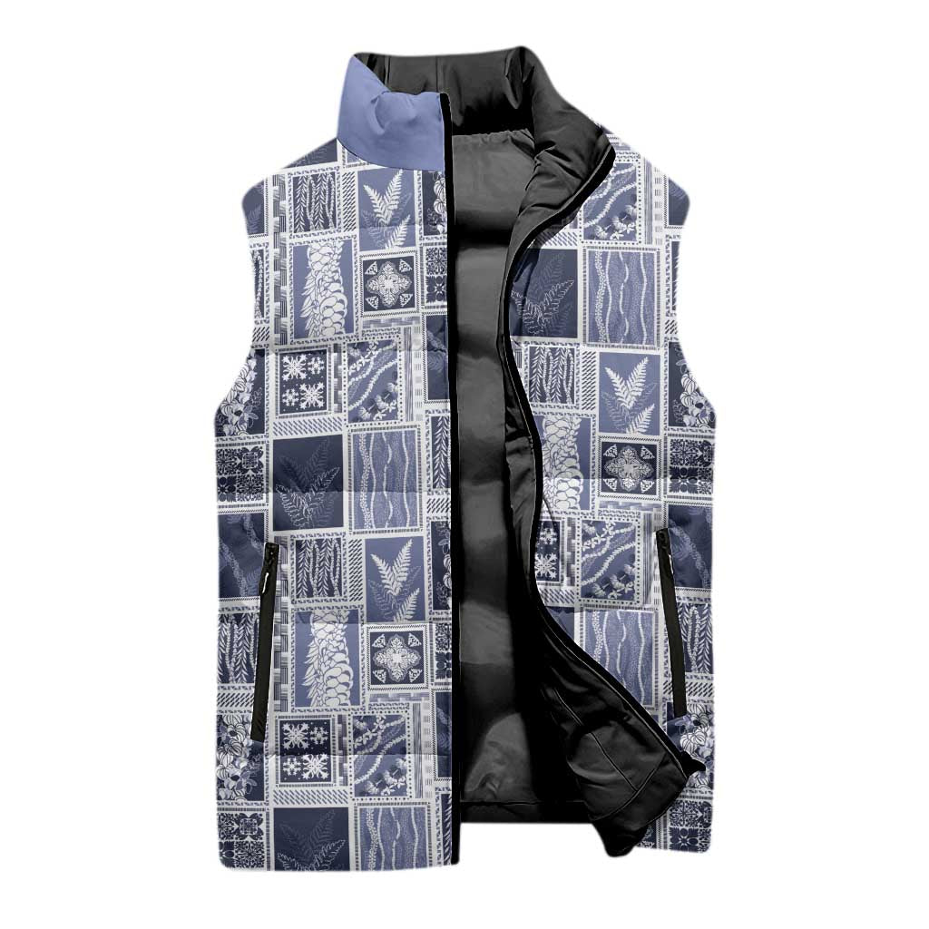 Vintage Aloha Block Quilt Sleeveless Puffer Jacket Blue Inspired Lei Motifs - Polynesian Pride