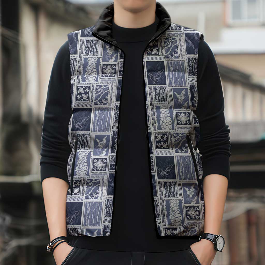Vintage Aloha Block Quilt Sleeveless Puffer Jacket Blue Inspired Lei Motifs - Polynesian Pride