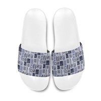 Vintage Aloha Block Quilt Slide Sandals Blue Inspired Lei Motifs - Polynesian Pride