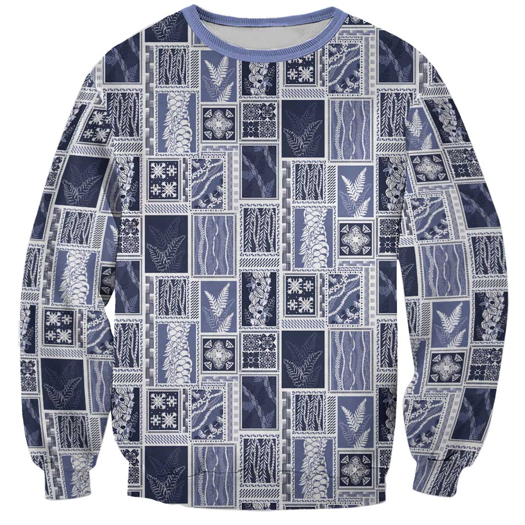 Vintage Aloha Block Quilt Sweatshirt Blue Inspired Lei Motifs - Polynesian Pride