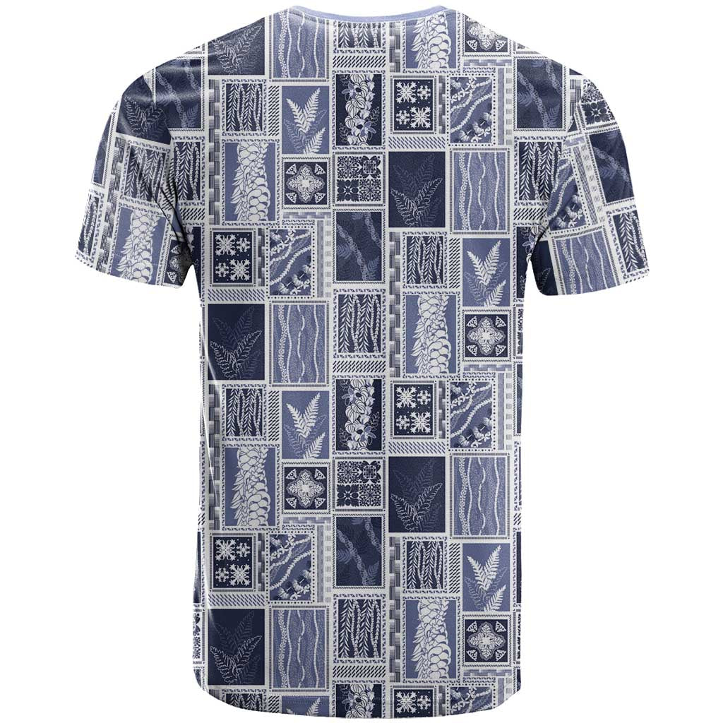 Vintage Aloha Block Quilt T Shirt Blue Inspired Lei Motifs - Polynesian Pride