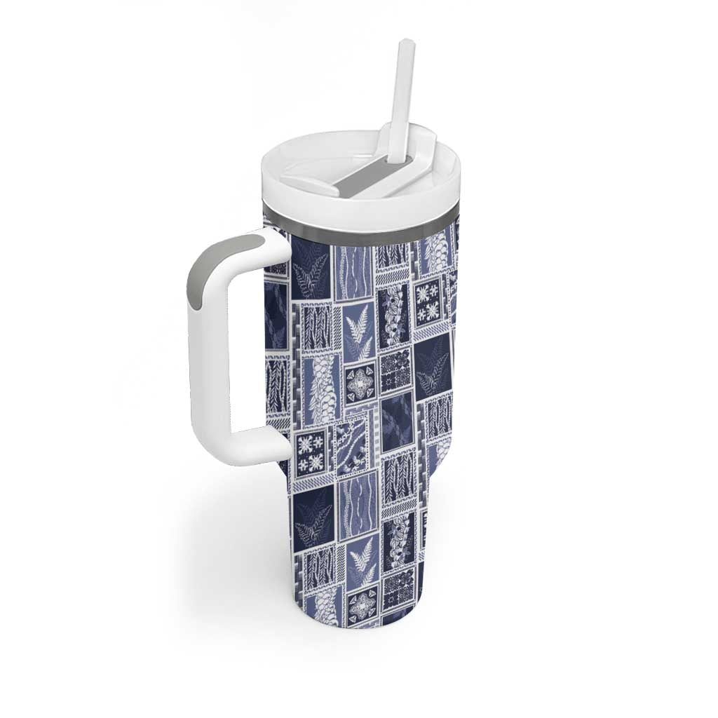 Vintage Aloha Block Quilt Tumbler With Handle Blue Inspired Lei Motifs - Polynesian Pride