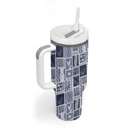 Vintage Aloha Block Quilt Tumbler With Handle Blue Inspired Lei Motifs - Polynesian Pride