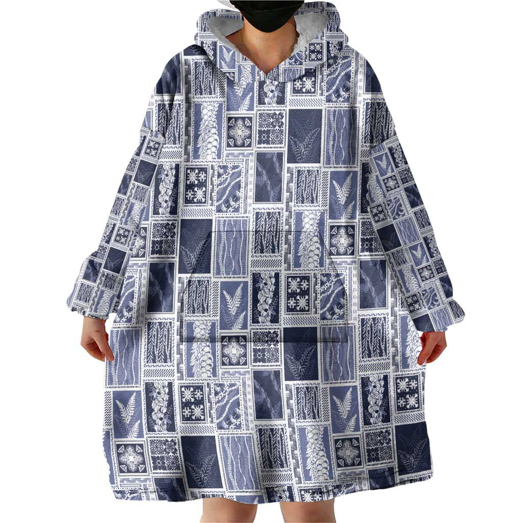 Vintage Aloha Block Quilt Wearable Blanket Hoodie Blue Inspired Lei Motifs - Polynesian Pride
