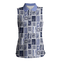 Vintage Aloha Block Quilt Women Sleeveless Polo Shirt Blue Inspired Lei Motifs - Polynesian Pride