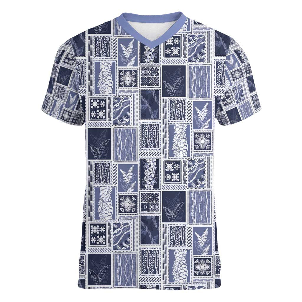 Vintage Aloha Block Quilt Women V-Neck T-Shirt Blue Inspired Lei Motifs - Polynesian Pride