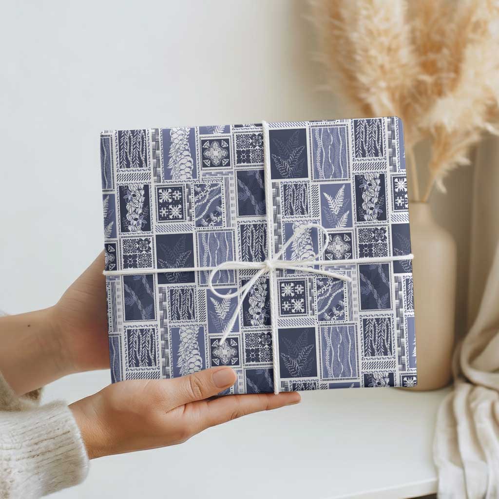 Vintage Aloha Block Quilt Wrapping Paper Blue Inspired Lei Motifs - Polynesian Pride