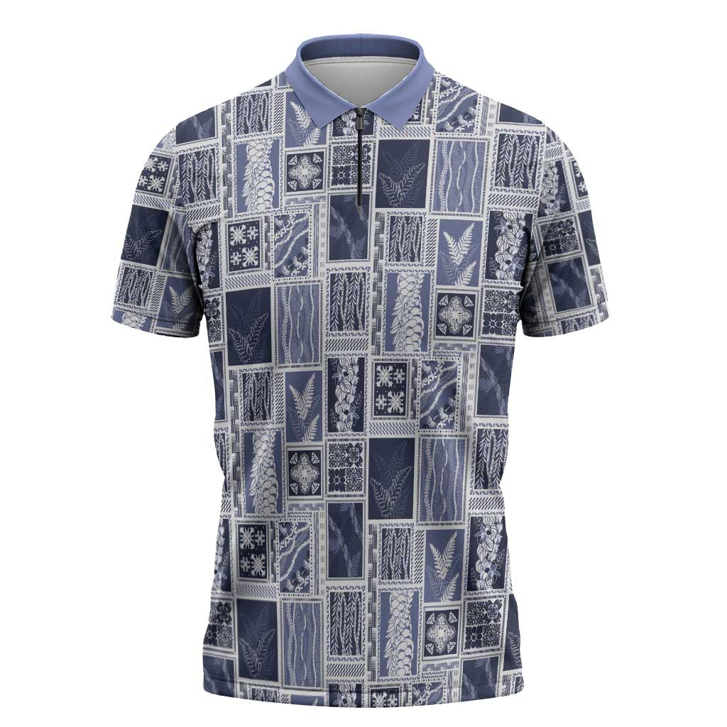 Vintage Aloha Block Quilt Zipper Polo Shirt Blue Inspired Lei Motifs - Polynesian Pride