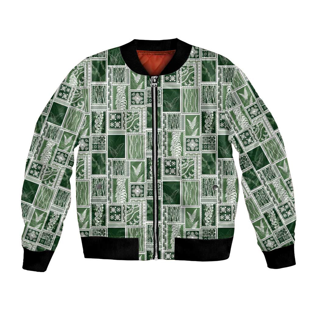 Vintage Aloha Block Quilt Bomber Jacket Green Inspired Lei Motifs - Polynesian Pride