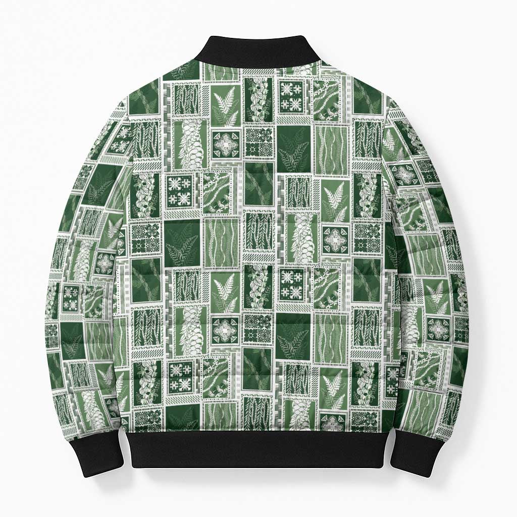 Vintage Aloha Block Quilt Bomber Puffer Jacket Green Inspired Lei Motifs - Polynesian Pride