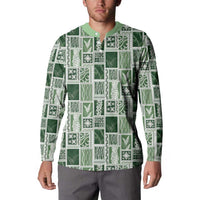 Vintage Aloha Block Quilt Button Sweatshirt Green Inspired Lei Motifs - Polynesian Pride