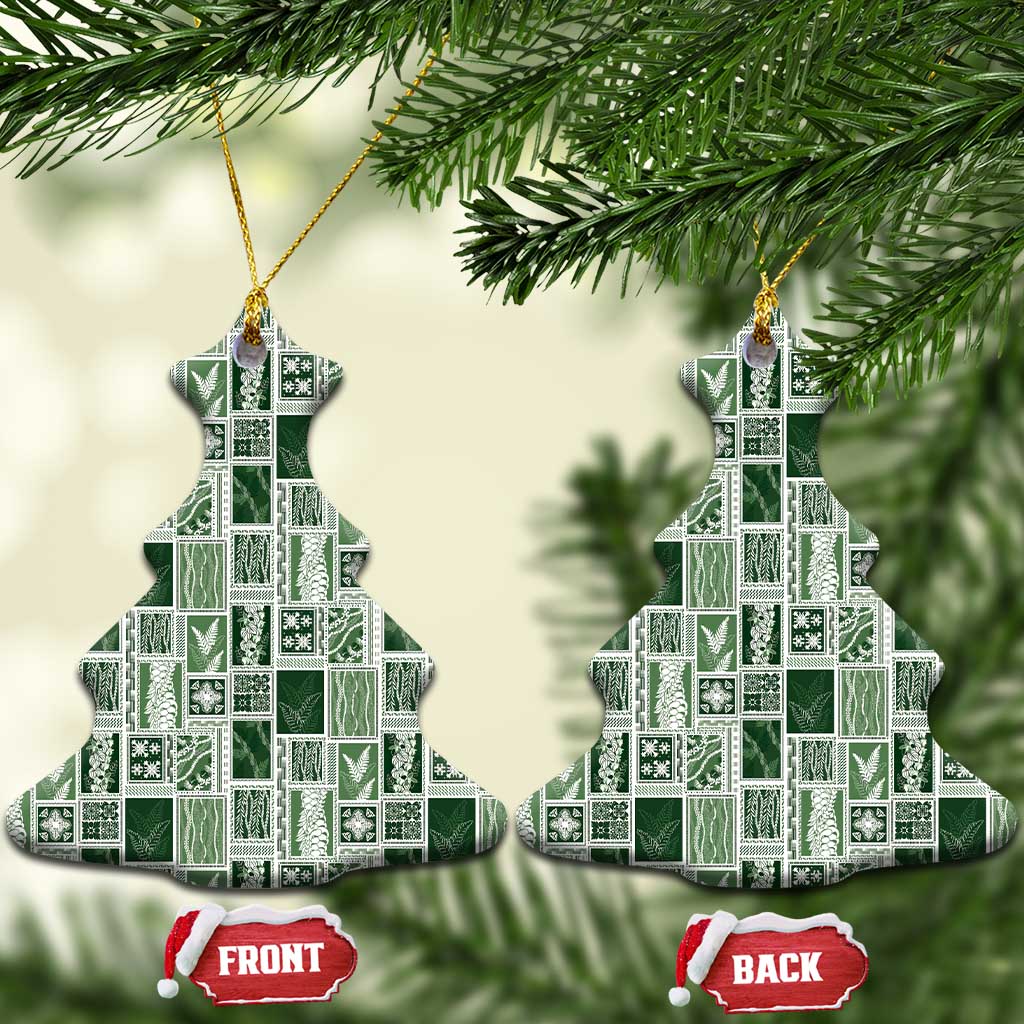 Vintage Aloha Block Quilt Ceramic Ornament Green Inspired Lei Motifs - Polynesian Pride