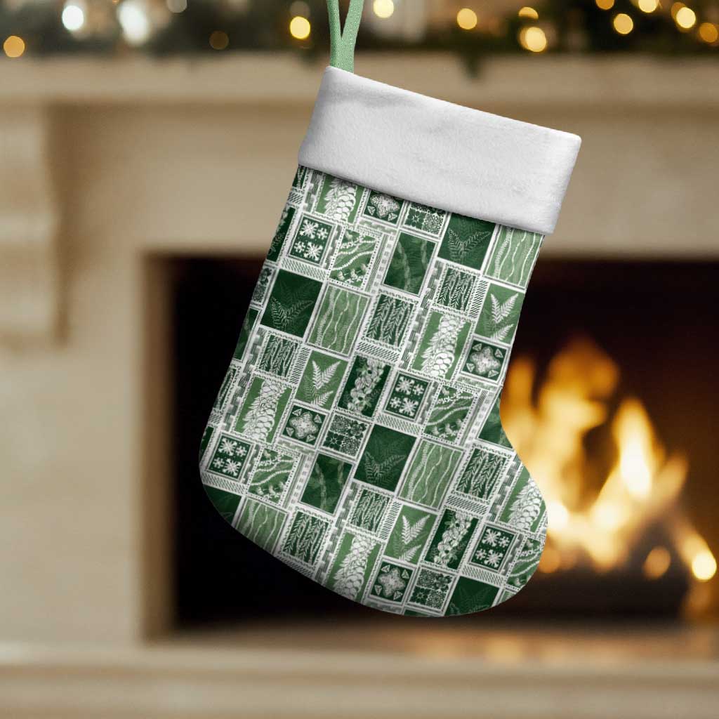 Vintage Aloha Block Quilt Christmas Stocking Green Inspired Lei Motifs - Polynesian Pride