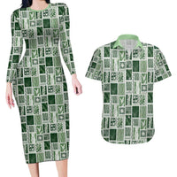 Vintage Aloha Block Quilt Couples Matching Long Sleeve Bodycon Dress and Hawaiian Shirt Green Inspired Lei Motifs - Polynesian Pride