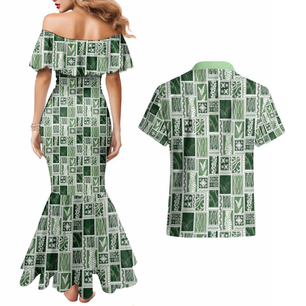 Vintage Aloha Block Quilt Couples Matching Mermaid Dress and Hawaiian Shirt Green Inspired Lei Motifs - Polynesian Pride