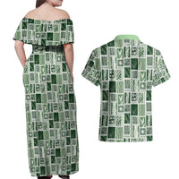 Vintage Aloha Block Quilt Couples Matching Off Shoulder Maxi Dress and Hawaiian Shirt Green Inspired Lei Motifs - Polynesian Pride