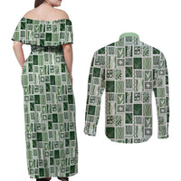 Vintage Aloha Block Quilt Couples Matching Off Shoulder Maxi Dress and Long Sleeve Button Shirt Green Inspired Lei Motifs - Polynesian Pride
