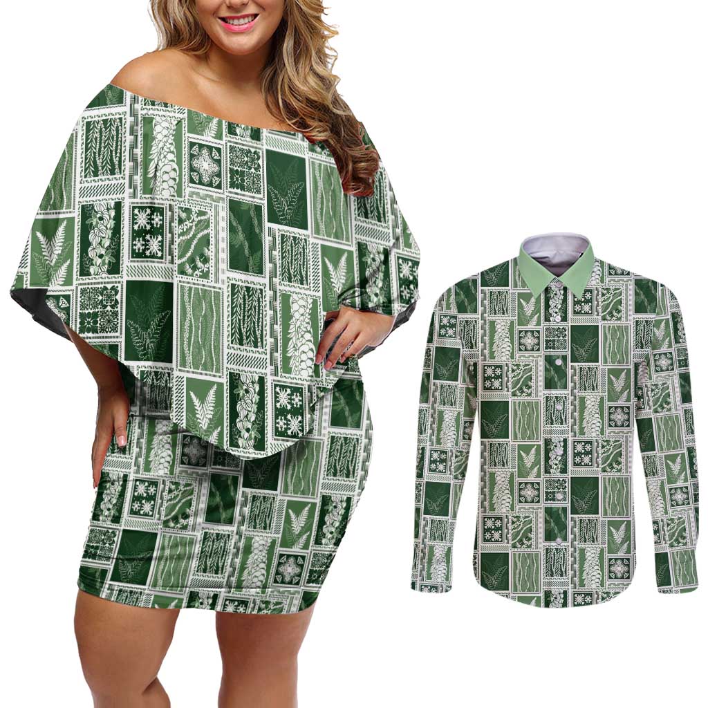 Vintage Aloha Block Quilt Couples Matching Off Shoulder Short Dress and Long Sleeve Button Shirt Green Inspired Lei Motifs - Polynesian Pride