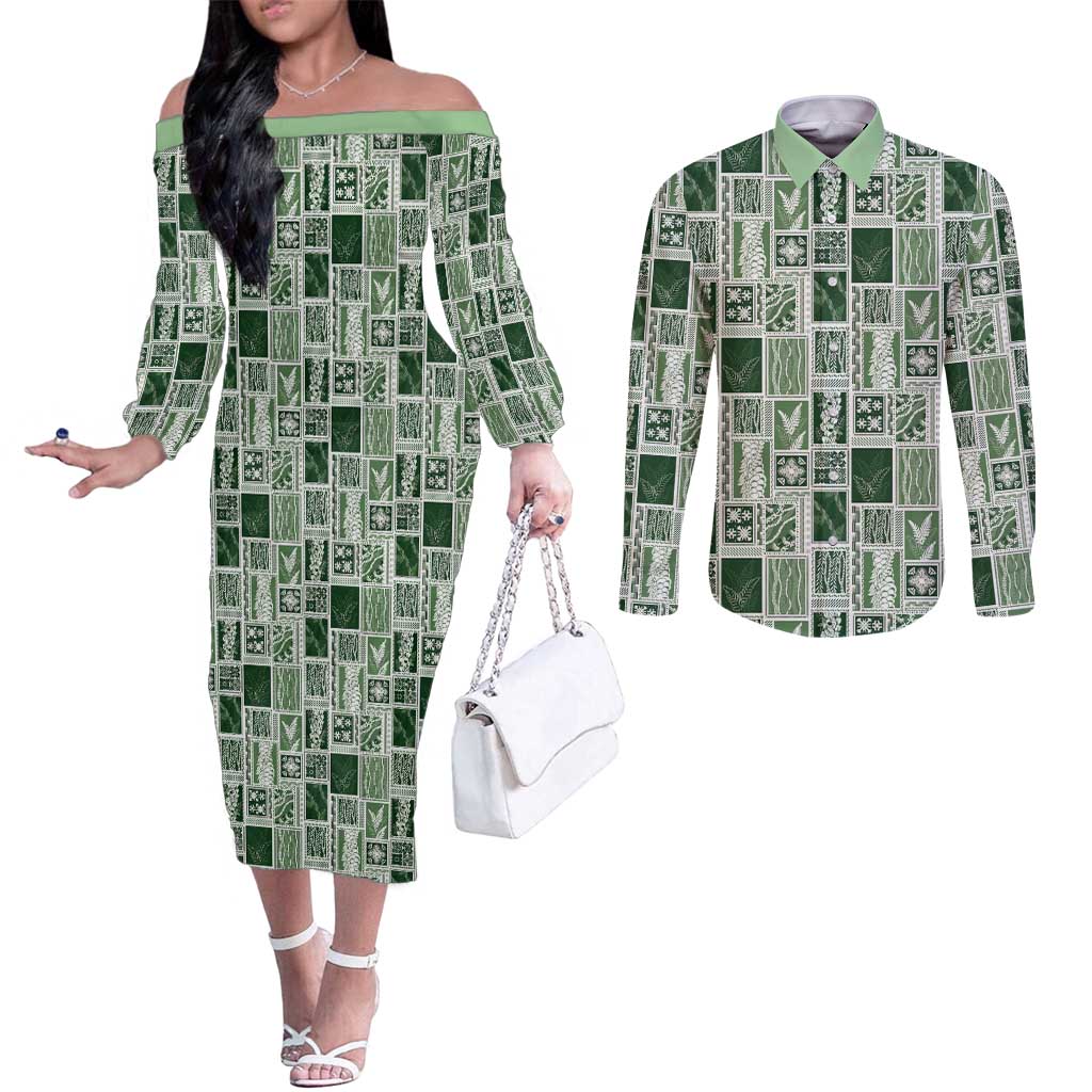 Vintage Aloha Block Quilt Couples Matching Off The Shoulder Long Sleeve Dress and Long Sleeve Button Shirt Green Inspired Lei Motifs - Polynesian Pride