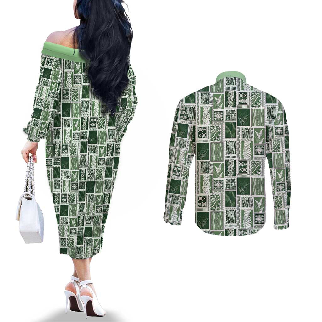 Vintage Aloha Block Quilt Couples Matching Off The Shoulder Long Sleeve Dress and Long Sleeve Button Shirt Green Inspired Lei Motifs - Polynesian Pride
