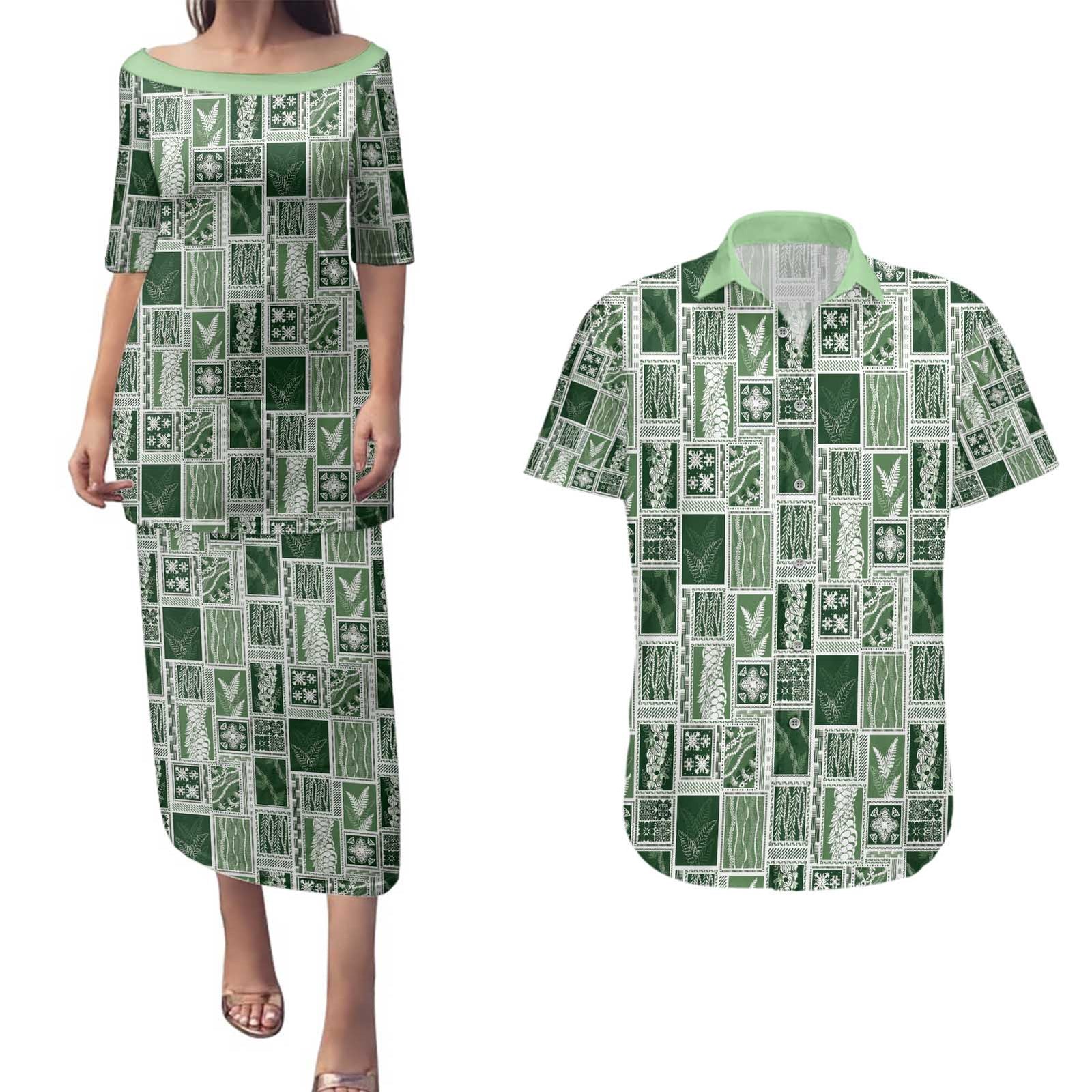 Vintage Aloha Block Quilt Couples Matching Puletasi and Hawaiian Shirt Green Inspired Lei Motifs - Polynesian Pride