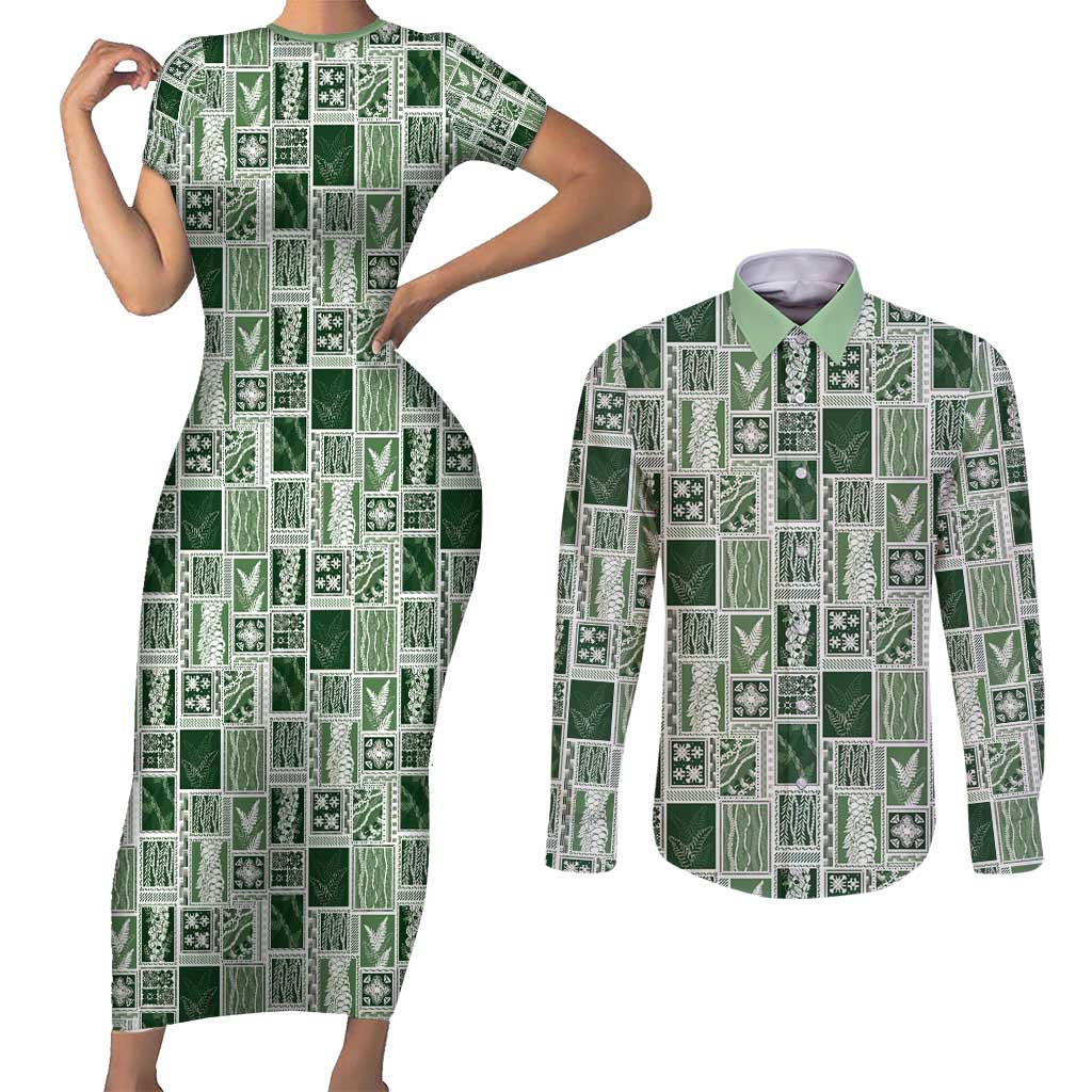 Vintage Aloha Block Quilt Couples Matching Short Sleeve Bodycon Dress and Long Sleeve Button Shirt Green Inspired Lei Motifs - Polynesian Pride