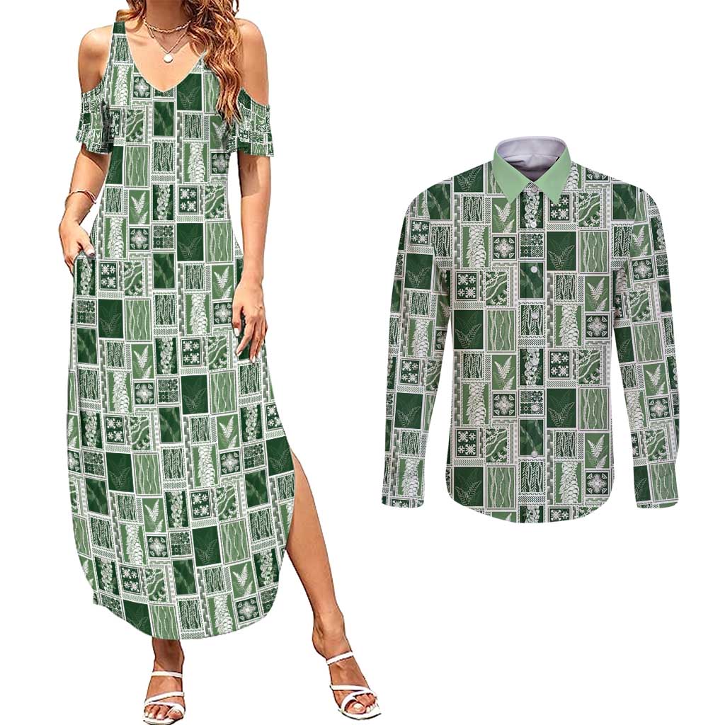 Vintage Aloha Block Quilt Couples Matching Summer Maxi Dress and Long Sleeve Button Shirt Green Inspired Lei Motifs - Polynesian Pride