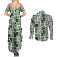 Vintage Aloha Block Quilt Couples Matching Summer Maxi Dress and Long Sleeve Button Shirt Green Inspired Lei Motifs - Polynesian Pride