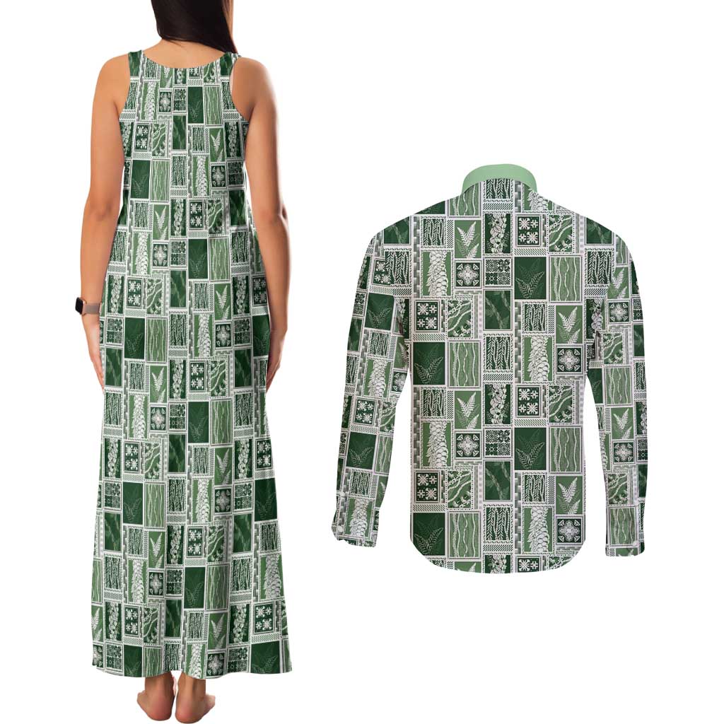 Vintage Aloha Block Quilt Couples Matching Tank Maxi Dress and Long Sleeve Button Shirt Green Inspired Lei Motifs - Polynesian Pride