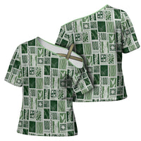 Vintage Aloha Block Quilt Cross Shoulder Shirt Green Inspired Lei Motifs - Polynesian Pride