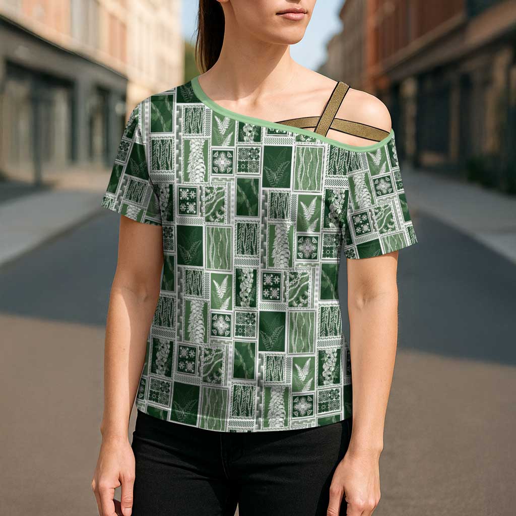 Vintage Aloha Block Quilt Cross Shoulder Shirt Green Inspired Lei Motifs - Polynesian Pride