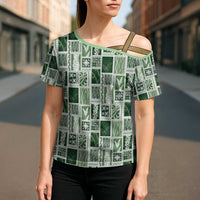 Vintage Aloha Block Quilt Cross Shoulder Shirt Green Inspired Lei Motifs - Polynesian Pride