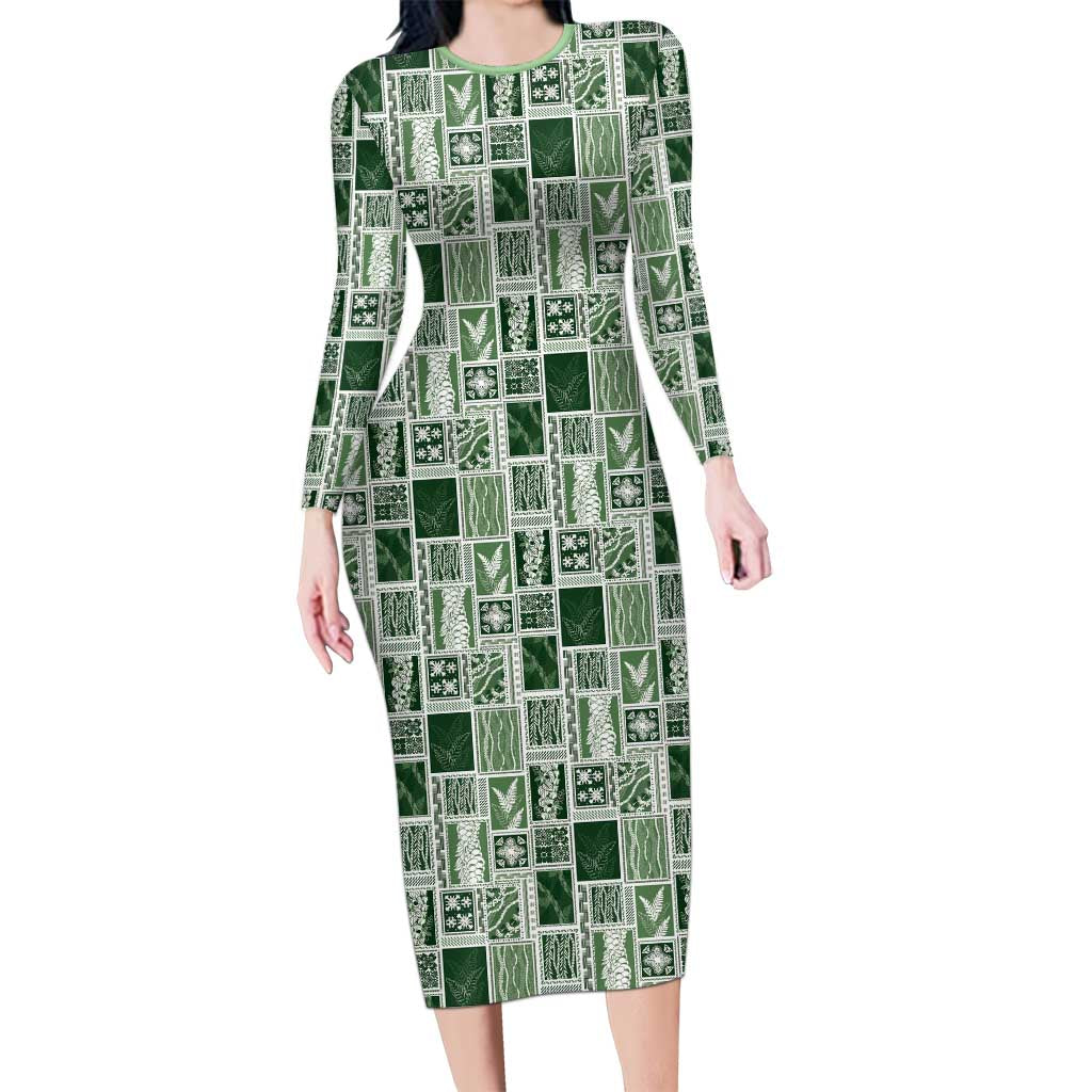 Vintage Aloha Block Quilt Family Matching Long Sleeve Bodycon Dress and Hawaiian Shirt Green Inspired Lei Motifs - Polynesian Pride