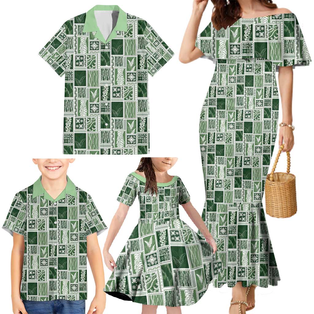 Vintage Aloha Block Quilt Family Matching Mermaid Dress and Hawaiian Shirt Green Inspired Lei Motifs - Polynesian Pride