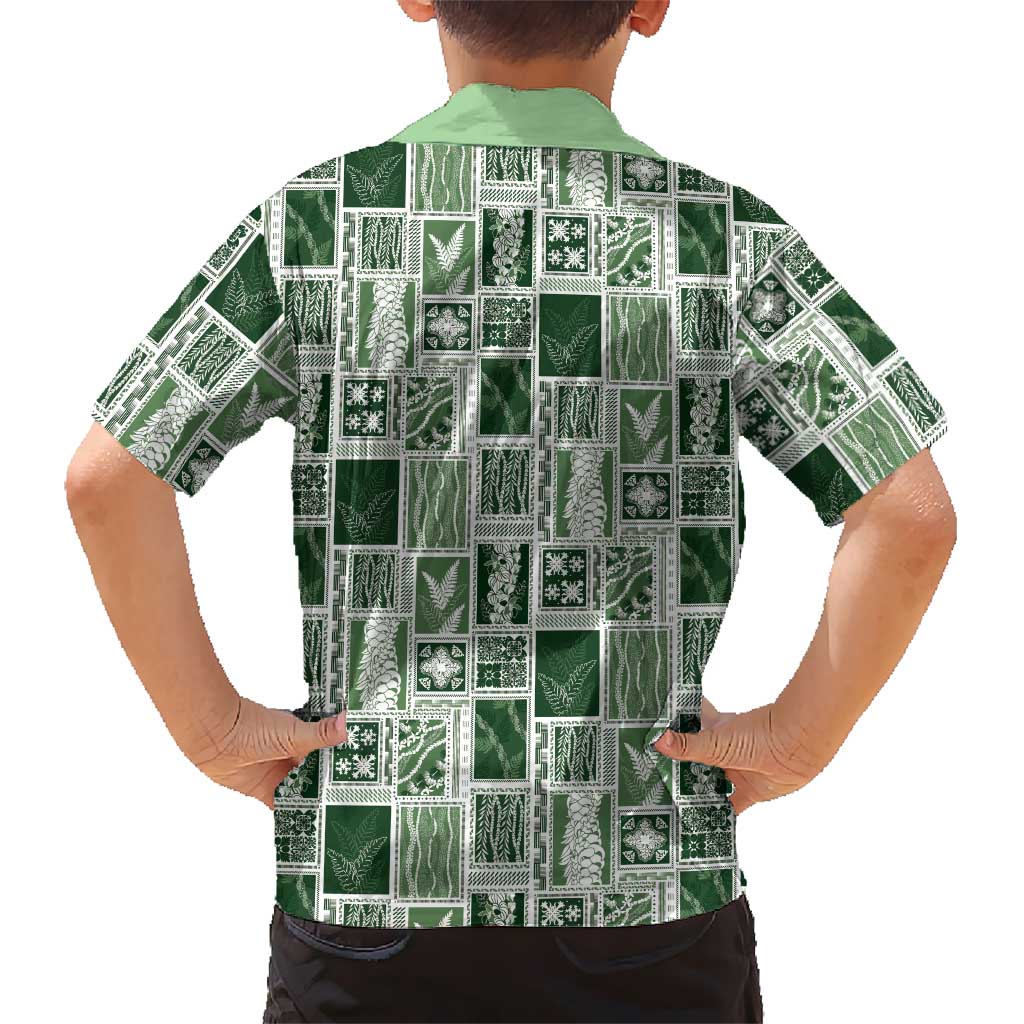 Vintage Aloha Block Quilt Family Matching Off The Shoulder Long Sleeve Dress and Hawaiian Shirt Green Inspired Lei Motifs - Polynesian Pride